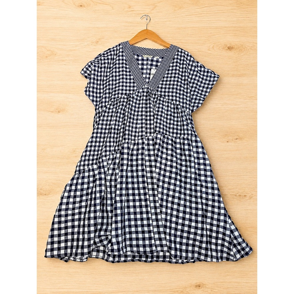 Anthropologie 11.1 TYLHO Gingham Tiered Dress Navy White Size S NWT